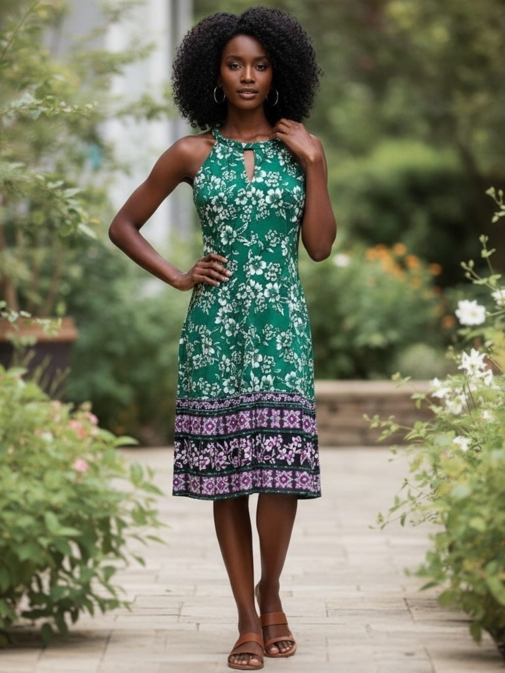 NWT 10P Wisp Floral Halter Dress Keyhole Neckline Green Multi